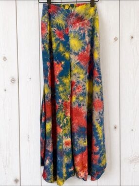 Rhea Jumble Pattern Tie-Dye Pants Blue/Red/Yellow Festival Coastal India OS NWOT
